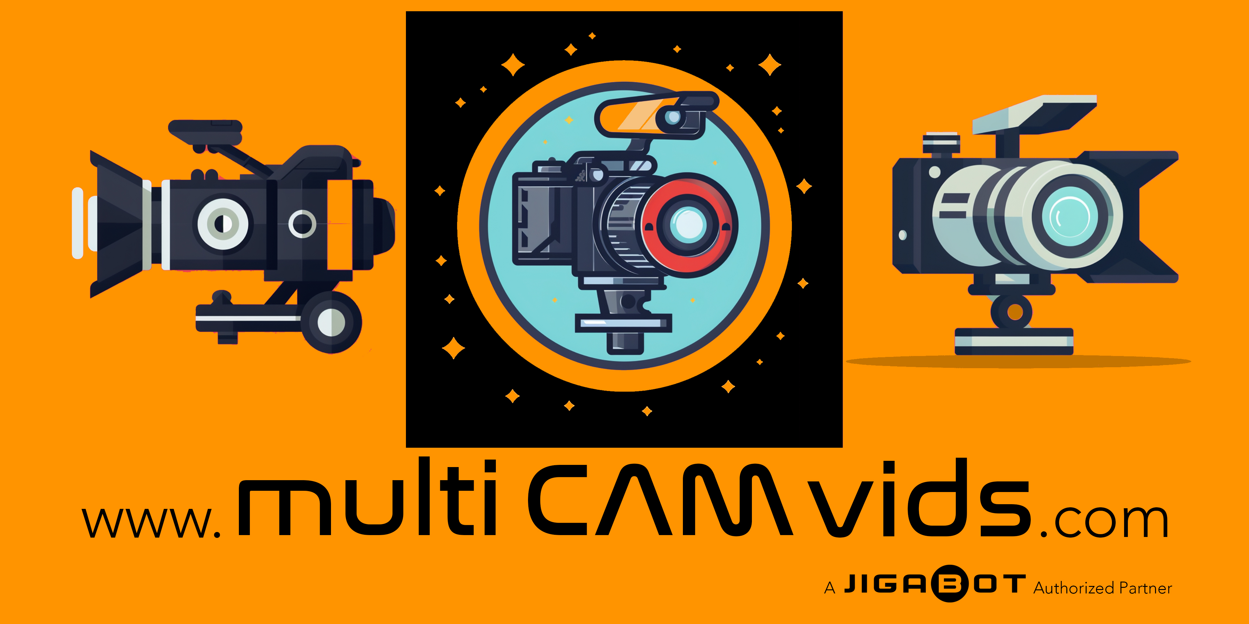 MultiCAMvids logo showing a stylized camera shutter in orange and gray colors